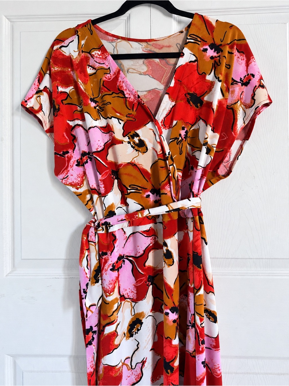 Nine West Floral Wrap Maxi Dress in Red, Pink & Tan